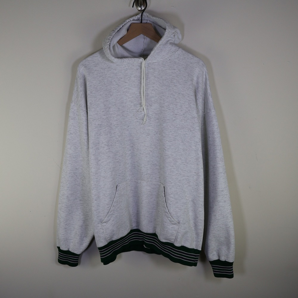Vintage On Your Mark Heather Grey Hoodie Green Striped Trim XXL Made in Canada‎